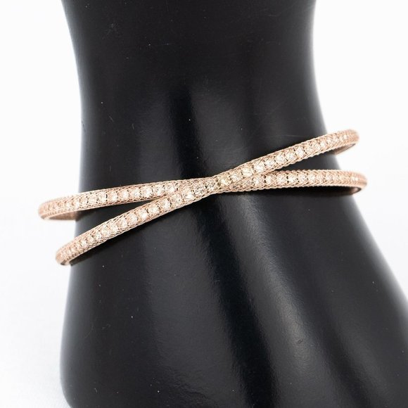 Cuff Bracelet Crossing Rose Gold Tone Mesh Over Rhinestone Memory Wire Flexible - Picture 4 of 4